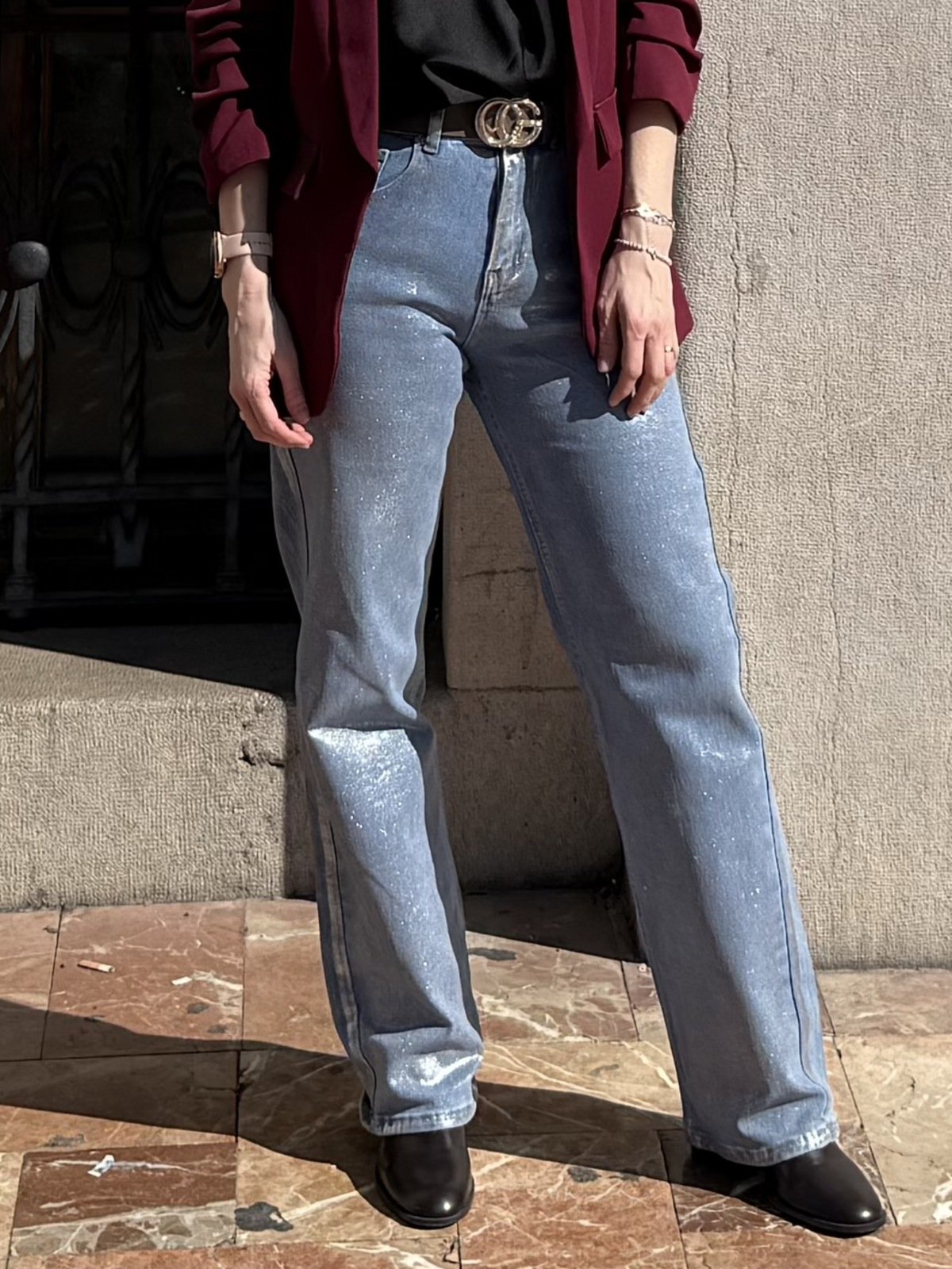 jeans rectos efecto metalizado